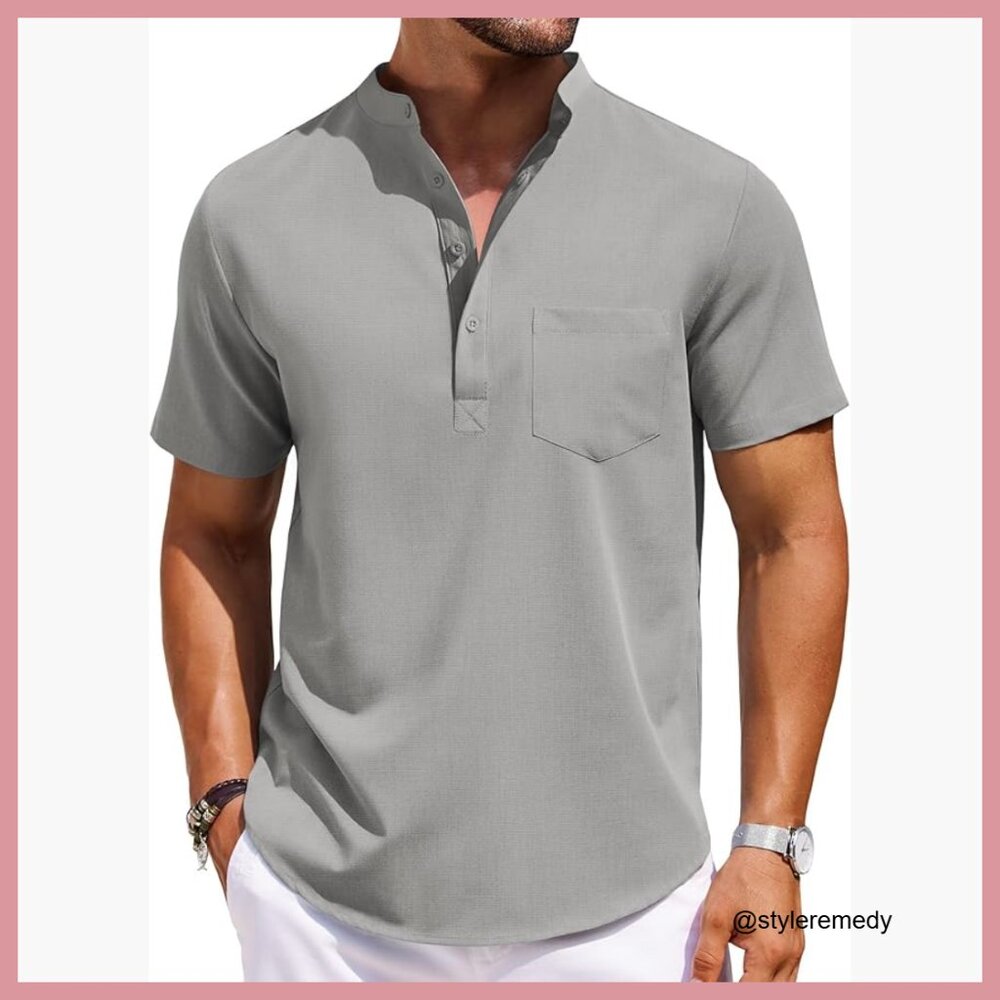 Polyester Viscose Spandex Henley Shirt Short Sleeve Casual Beach